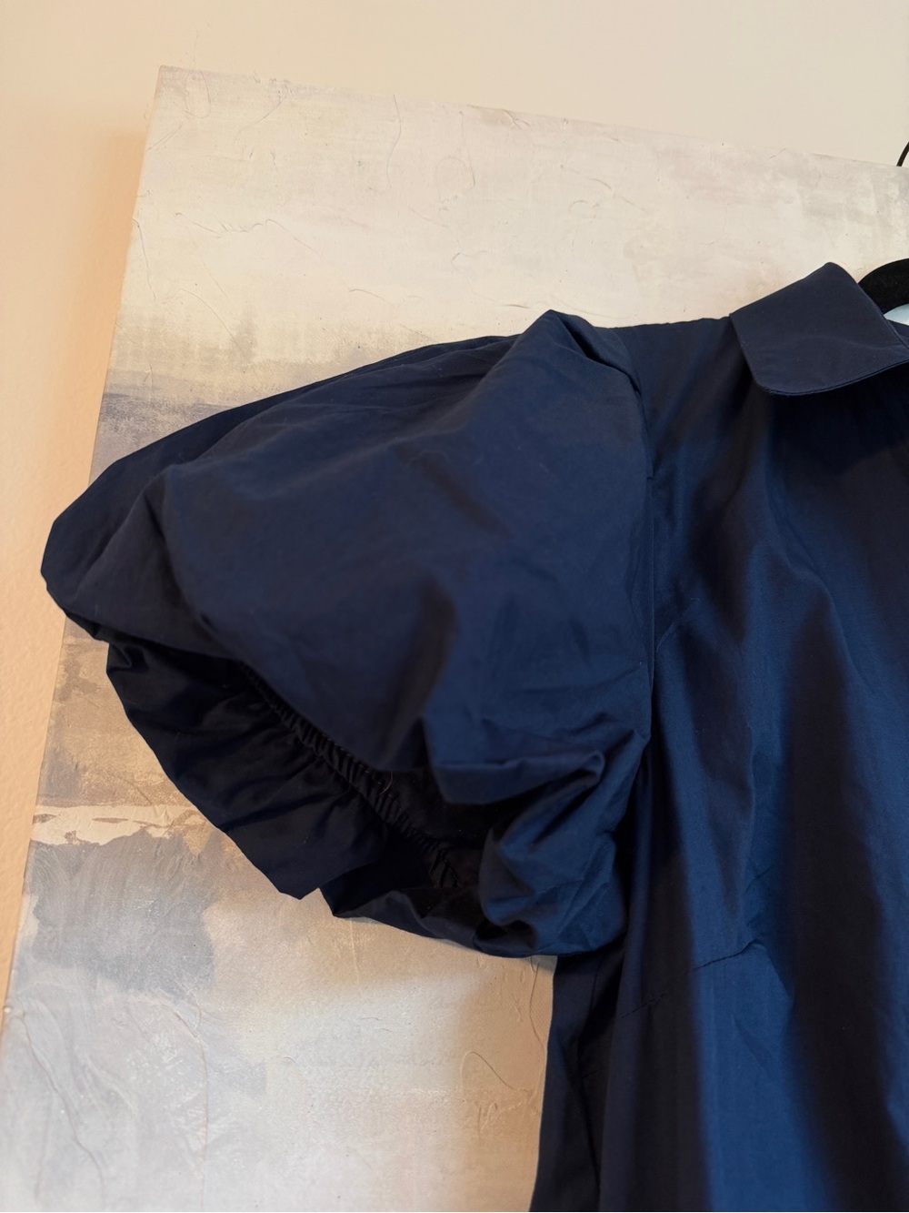 Halogen Navy Puff Sleeve 100% Cotton Shirt Dress Collared Mini with pockets - Picture 3 of 6